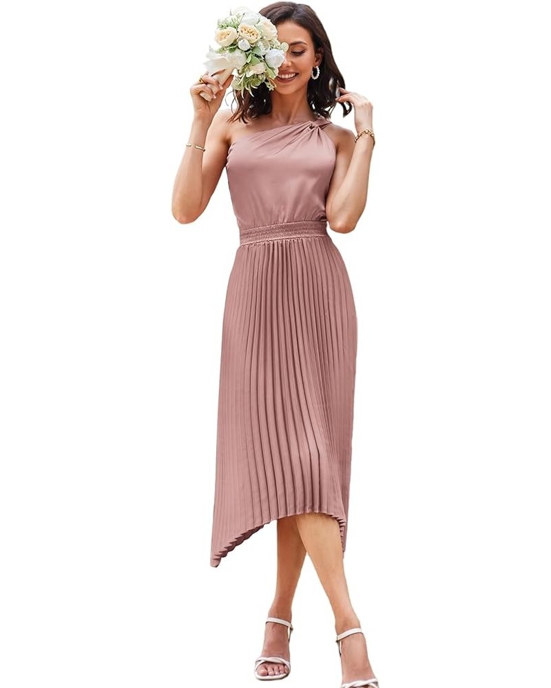 Women's 2023 Summer One Shoulder Satin Dress Sleeveless Twist Pleated Midi Dress Sexy Cocktail Party Dress Pink $18.90 Dresses