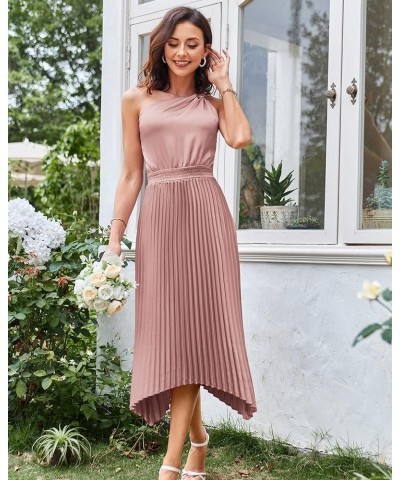 Women's 2023 Summer One Shoulder Satin Dress Sleeveless Twist Pleated Midi Dress Sexy Cocktail Party Dress Pink $18.90 Dresses