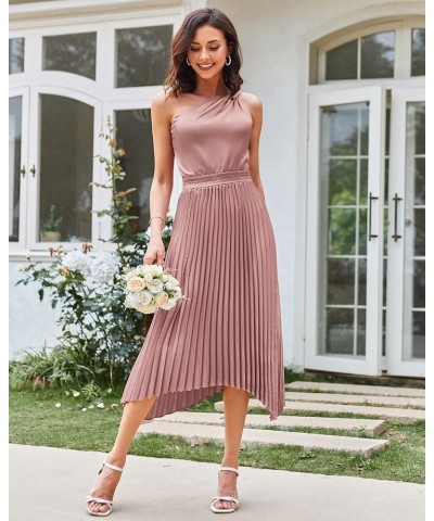 Women's 2023 Summer One Shoulder Satin Dress Sleeveless Twist Pleated Midi Dress Sexy Cocktail Party Dress Pink $18.90 Dresses