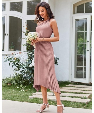 Women's 2023 Summer One Shoulder Satin Dress Sleeveless Twist Pleated Midi Dress Sexy Cocktail Party Dress Pink $18.90 Dresses