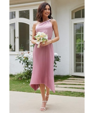 Women's 2023 Summer One Shoulder Satin Dress Sleeveless Twist Pleated Midi Dress Sexy Cocktail Party Dress Pink $18.90 Dresses