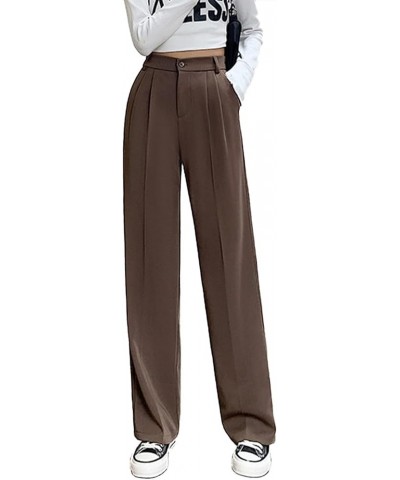 Women Casual Suit Pants High Waist Solid Button Down Straight Loose Trousers Brown $13.67 Pants