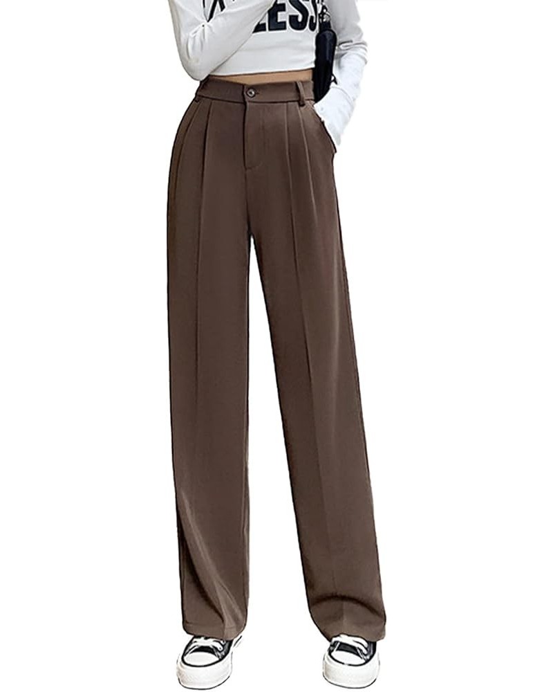 Women Casual Suit Pants High Waist Solid Button Down Straight Loose Trousers Brown $13.67 Pants