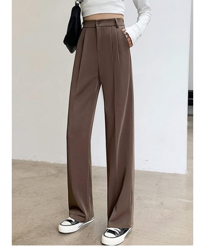 Women Casual Suit Pants High Waist Solid Button Down Straight Loose Trousers Brown $13.67 Pants