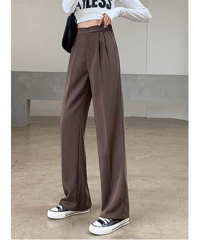 Women Casual Suit Pants High Waist Solid Button Down Straight Loose Trousers Brown $13.67 Pants