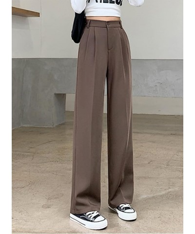 Women Casual Suit Pants High Waist Solid Button Down Straight Loose Trousers Brown $13.67 Pants