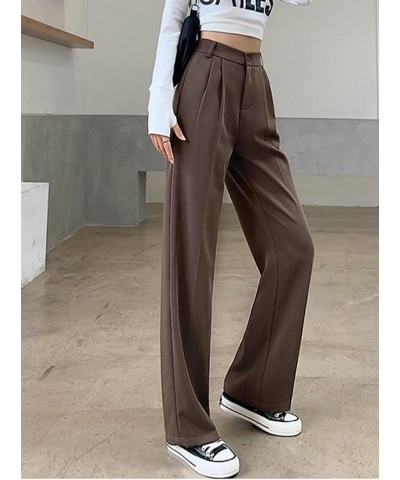 Women Casual Suit Pants High Waist Solid Button Down Straight Loose Trousers Brown $13.67 Pants