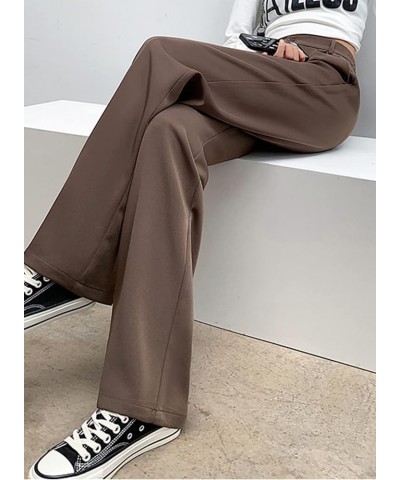 Women Casual Suit Pants High Waist Solid Button Down Straight Loose Trousers Brown $13.67 Pants