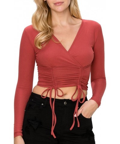 Women Long Sleeve Rib Sexy Front Shirred Crop Top Tee Brick $11.48 T-Shirts