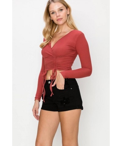 Women Long Sleeve Rib Sexy Front Shirred Crop Top Tee Brick $11.48 T-Shirts