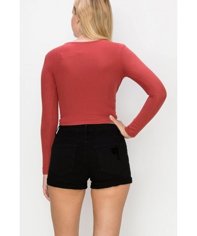 Women Long Sleeve Rib Sexy Front Shirred Crop Top Tee Brick $11.48 T-Shirts