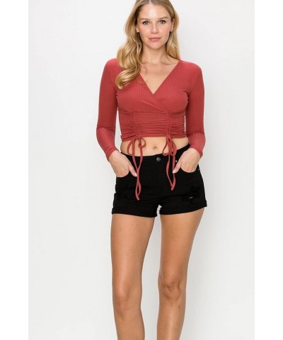 Women Long Sleeve Rib Sexy Front Shirred Crop Top Tee Brick $11.48 T-Shirts