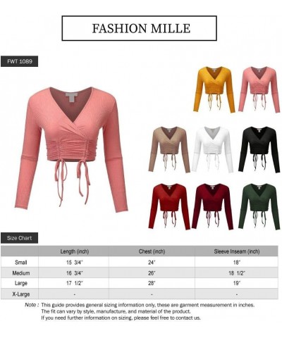 Women Long Sleeve Rib Sexy Front Shirred Crop Top Tee Brick $11.48 T-Shirts