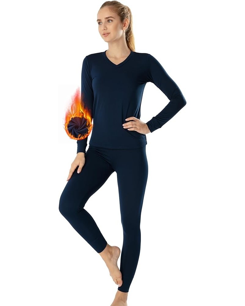 Womens Thermal Underwear Long Johns Set with Fleece Lined Ultra Soft V Neck V Neck Blue $12.00 Underwear