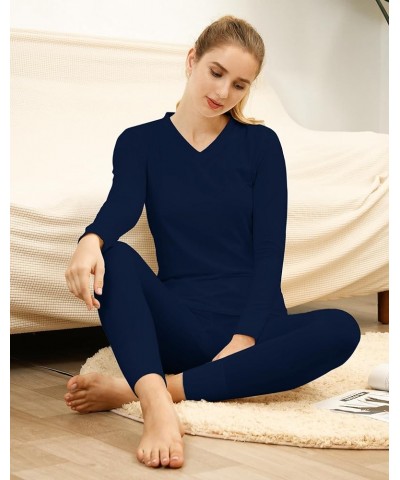 Womens Thermal Underwear Long Johns Set with Fleece Lined Ultra Soft V Neck V Neck Blue $12.00 Underwear