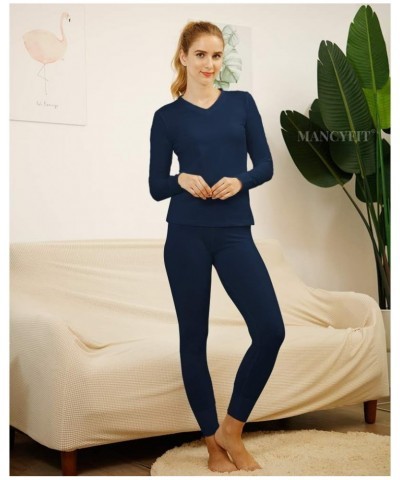 Womens Thermal Underwear Long Johns Set with Fleece Lined Ultra Soft V Neck V Neck Blue $12.00 Underwear