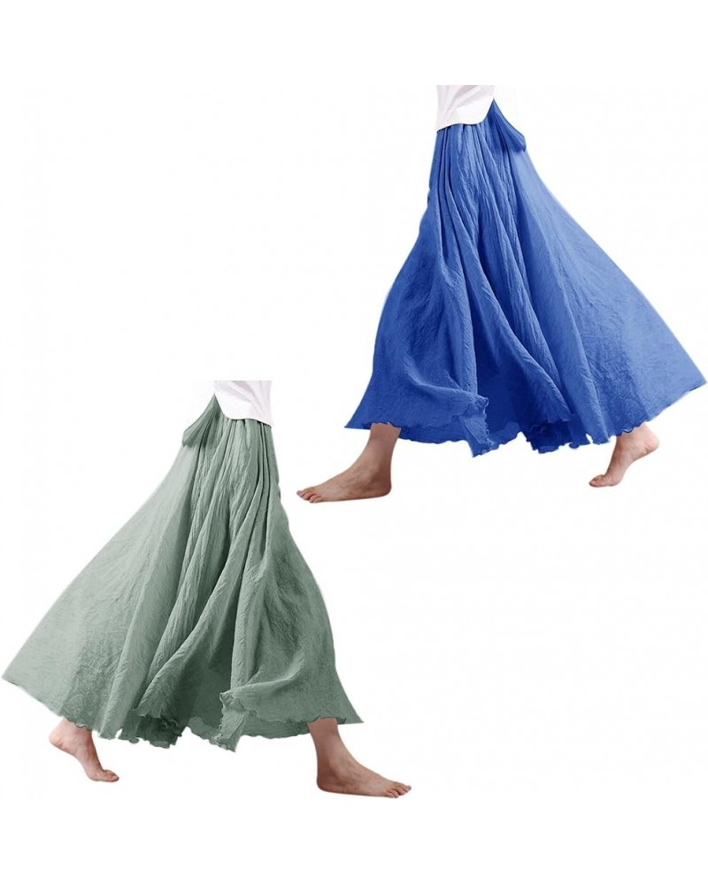 Women Bohemian Cotton Linen Double Layer Elastic Waist Long Maxi Skirt Denim Blue+light Green $31.91 Skirts