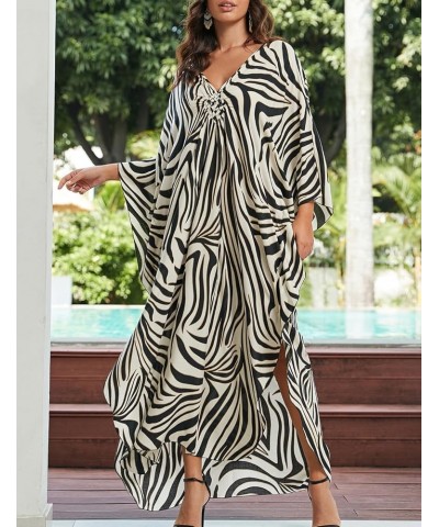 Womens Animal Print Kaftan Dresses V-Neck Cover Up Batwing Sleeve Caftans for Women Loungewear Zebras $14.00 Swimsuits