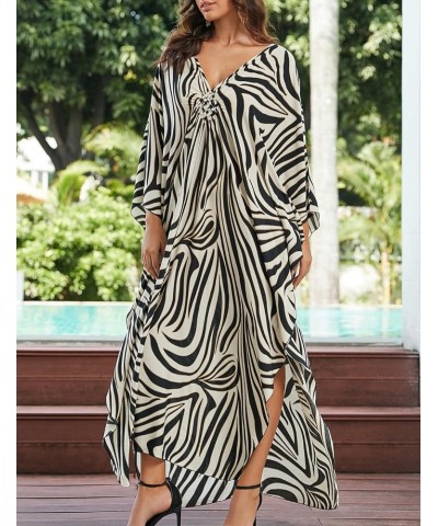 Womens Animal Print Kaftan Dresses V-Neck Cover Up Batwing Sleeve Caftans for Women Loungewear Zebras $14.00 Swimsuits