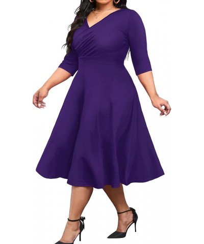 Women's Plus Size Midi Dress 3/4 Sleeve A-Line Swing Dress V Neck Flowy Casual Dresses Deep Purple $25.51 Dresses