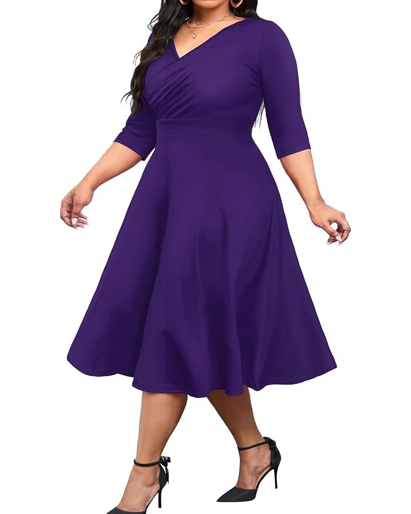 Women's Plus Size Midi Dress 3/4 Sleeve A-Line Swing Dress V Neck Flowy Casual Dresses Deep Purple $25.51 Dresses