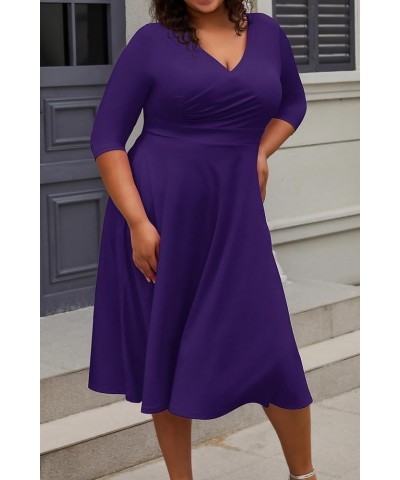 Women's Plus Size Midi Dress 3/4 Sleeve A-Line Swing Dress V Neck Flowy Casual Dresses Deep Purple $25.51 Dresses