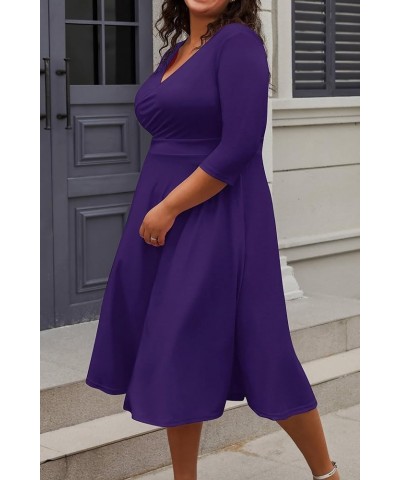 Women's Plus Size Midi Dress 3/4 Sleeve A-Line Swing Dress V Neck Flowy Casual Dresses Deep Purple $25.51 Dresses