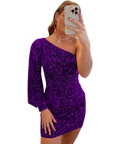 Sparkly Sequin Lace Homecoming Dresses for Teens Puffy Sleeve One Shoulder Mini Prom Cocktail Gown Purple $25.30 Dresses