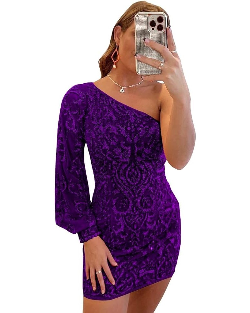 Sparkly Sequin Lace Homecoming Dresses for Teens Puffy Sleeve One Shoulder Mini Prom Cocktail Gown Purple $25.30 Dresses