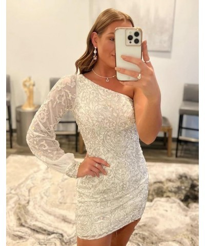 Sparkly Sequin Lace Homecoming Dresses for Teens Puffy Sleeve One Shoulder Mini Prom Cocktail Gown Purple $25.30 Dresses