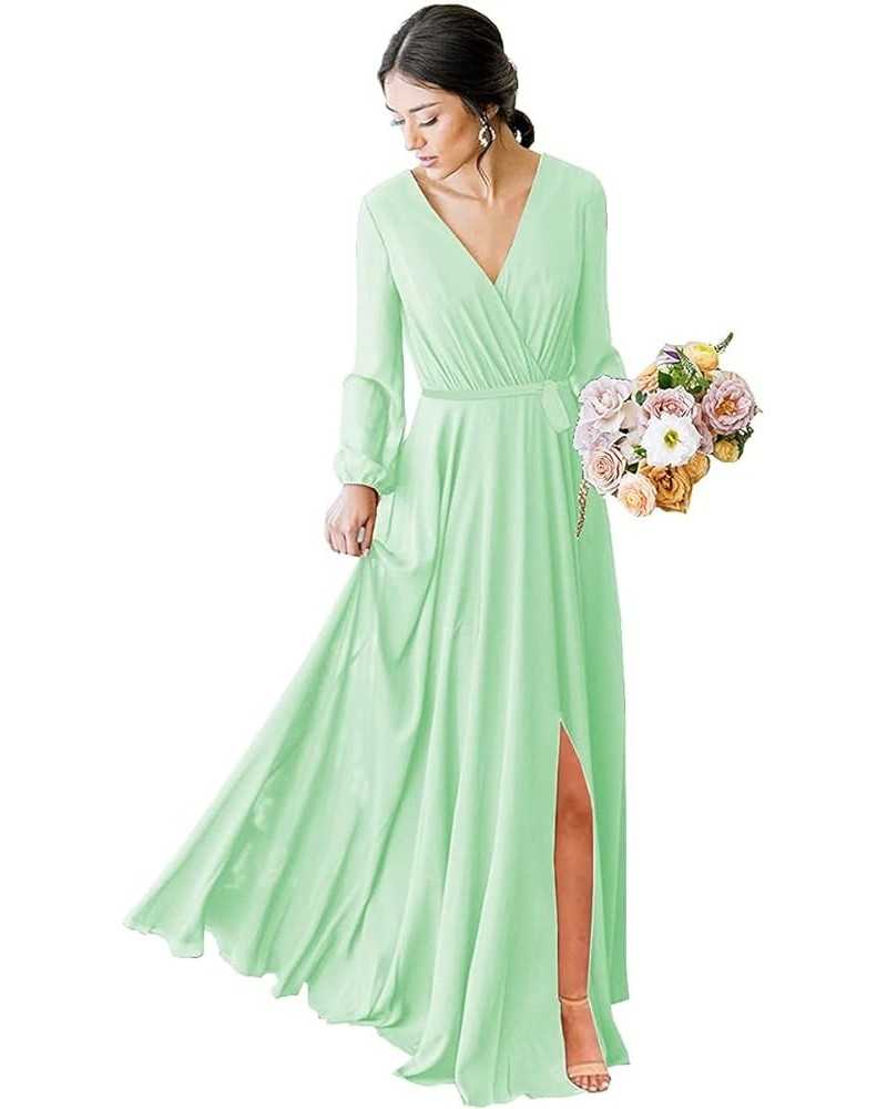 Women's V-Neck Bridesmaid Dresses Long Sleeve Chiffon Faux-Wrap Formal Dress with Slit CY019 Mint $24.60 Dresses