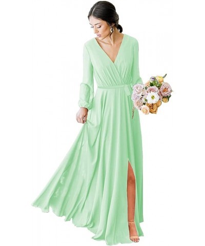 Women's V-Neck Bridesmaid Dresses Long Sleeve Chiffon Faux-Wrap Formal Dress with Slit CY019 Mint $24.60 Dresses