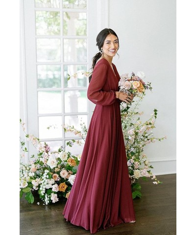 Women's V-Neck Bridesmaid Dresses Long Sleeve Chiffon Faux-Wrap Formal Dress with Slit CY019 Mint $24.60 Dresses