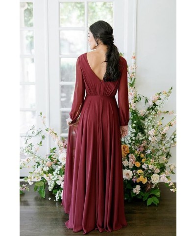 Women's V-Neck Bridesmaid Dresses Long Sleeve Chiffon Faux-Wrap Formal Dress with Slit CY019 Mint $24.60 Dresses