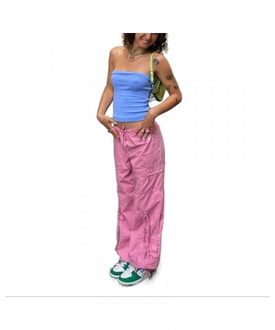 Women Casual Solid Color Wide-Leg Cargo Pants Y2k Baggy Parachute Pants Drawstring Elastic Waist Jogging Trousers Pink $10.04...