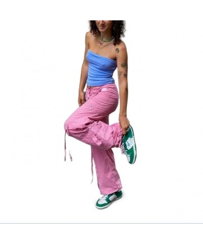 Women Casual Solid Color Wide-Leg Cargo Pants Y2k Baggy Parachute Pants Drawstring Elastic Waist Jogging Trousers Pink $10.04...