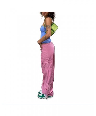 Women Casual Solid Color Wide-Leg Cargo Pants Y2k Baggy Parachute Pants Drawstring Elastic Waist Jogging Trousers Pink $10.04...