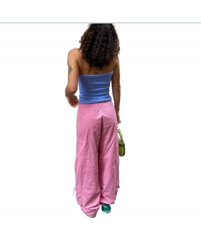 Women Casual Solid Color Wide-Leg Cargo Pants Y2k Baggy Parachute Pants Drawstring Elastic Waist Jogging Trousers Pink $10.04...