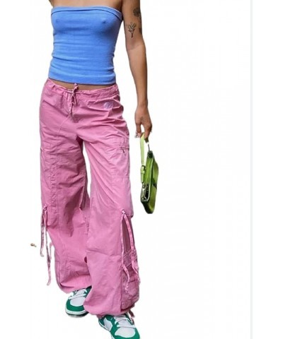 Women Casual Solid Color Wide-Leg Cargo Pants Y2k Baggy Parachute Pants Drawstring Elastic Waist Jogging Trousers Pink $10.04...