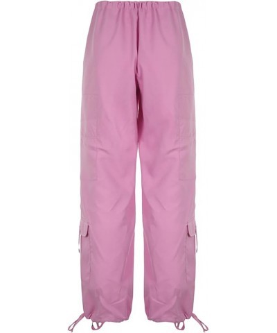 Women Casual Solid Color Wide-Leg Cargo Pants Y2k Baggy Parachute Pants Drawstring Elastic Waist Jogging Trousers Pink $10.04...