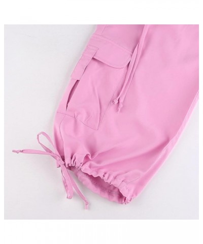 Women Casual Solid Color Wide-Leg Cargo Pants Y2k Baggy Parachute Pants Drawstring Elastic Waist Jogging Trousers Pink $10.04...