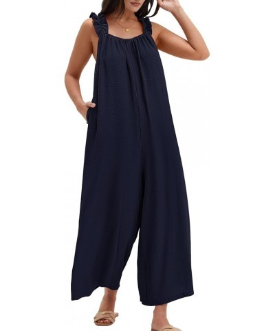 Womens Summer Jumpsuit Ruffled Straps Wide Leg Tie Back Overalls for Women With Pockets Dark Blue $17.27 Overalls