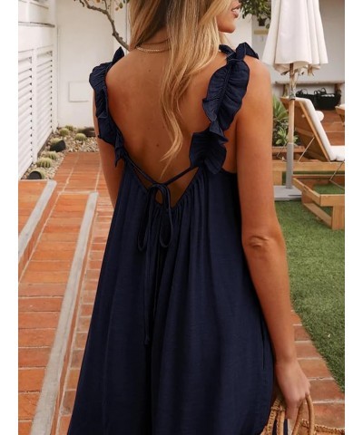 Womens Summer Jumpsuit Ruffled Straps Wide Leg Tie Back Overalls for Women With Pockets Dark Blue $17.27 Overalls