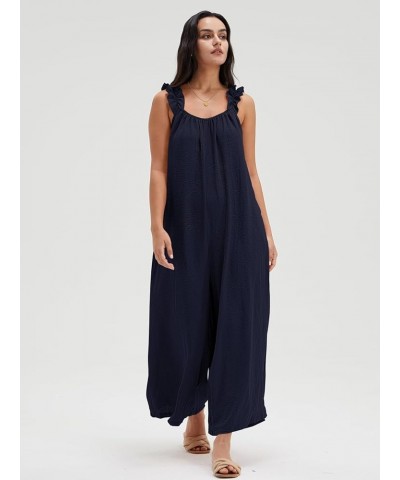 Womens Summer Jumpsuit Ruffled Straps Wide Leg Tie Back Overalls for Women With Pockets Dark Blue $17.27 Overalls