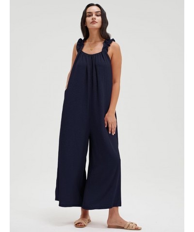 Womens Summer Jumpsuit Ruffled Straps Wide Leg Tie Back Overalls for Women With Pockets Dark Blue $17.27 Overalls