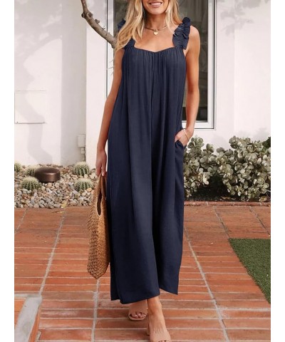 Womens Summer Jumpsuit Ruffled Straps Wide Leg Tie Back Overalls for Women With Pockets Dark Blue $17.27 Overalls