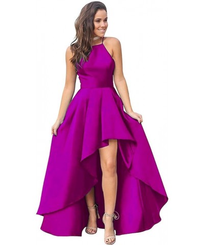 Women's Halter High Low Prom Dresses 2024 Satin Formal Evening Party Dress Fuchsia $40.80 Dresses