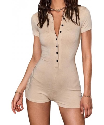 Women Y2K Short Sleeve Jumpsuit Sexy V Neck Buttons Bodycon Rompers Shorts Knitted One Piece Bodysuit Overall Apricot-6 $10.0...