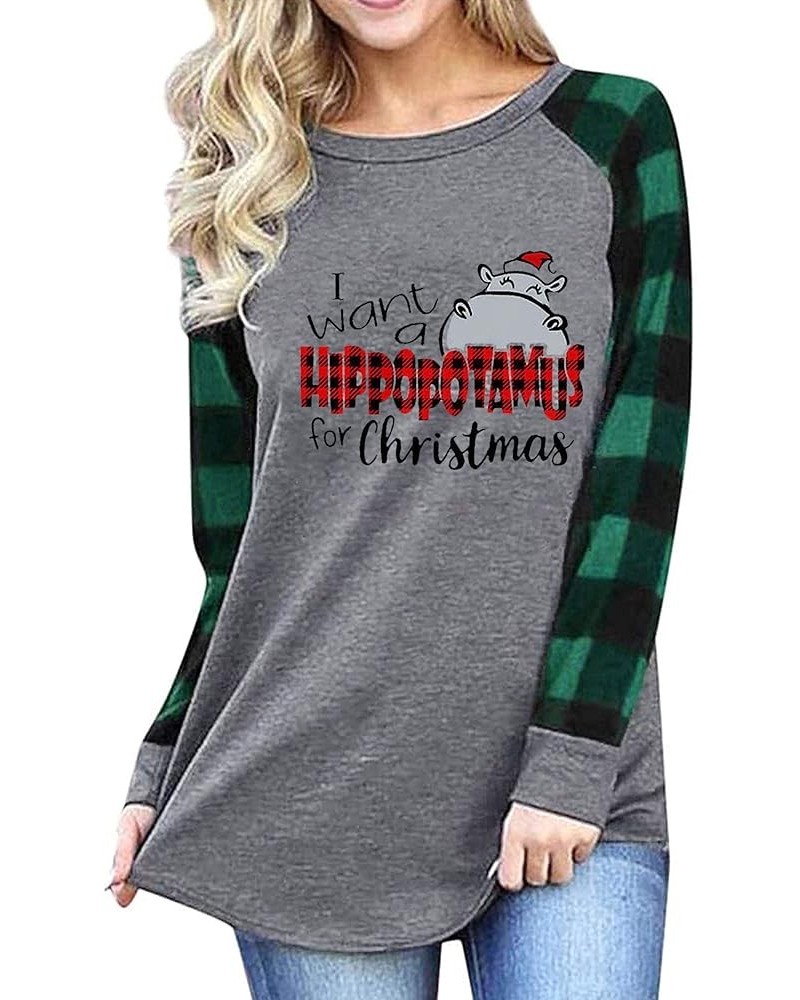 I Want A Hippopotamus for Christmas Tshirt Women Funny Cute Hippopotamus Tee Plaid Letter Print 3/4 Sleeve Tops Green $11.96 ...