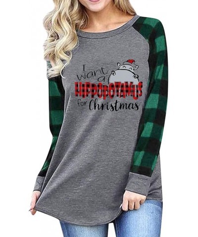 I Want A Hippopotamus for Christmas Tshirt Women Funny Cute Hippopotamus Tee Plaid Letter Print 3/4 Sleeve Tops Green $11.96 ...